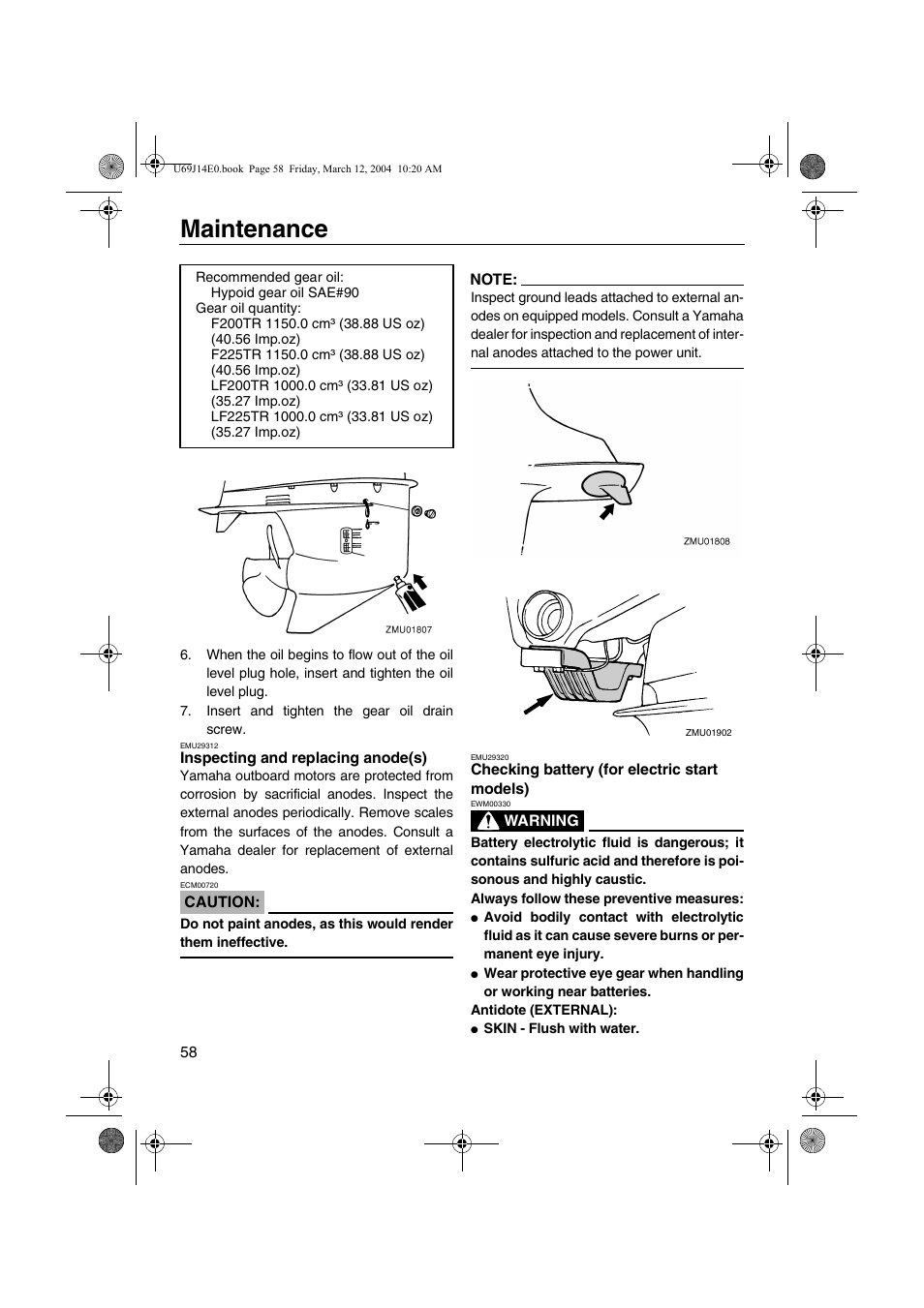 Inspecting and replacing anode(s), Checking battery (for electric start models), Inspecting and replacing | Anode(s), Checking battery, For electric start models), Maintenance | Yamaha F225D User Manual | Page 64 / 81