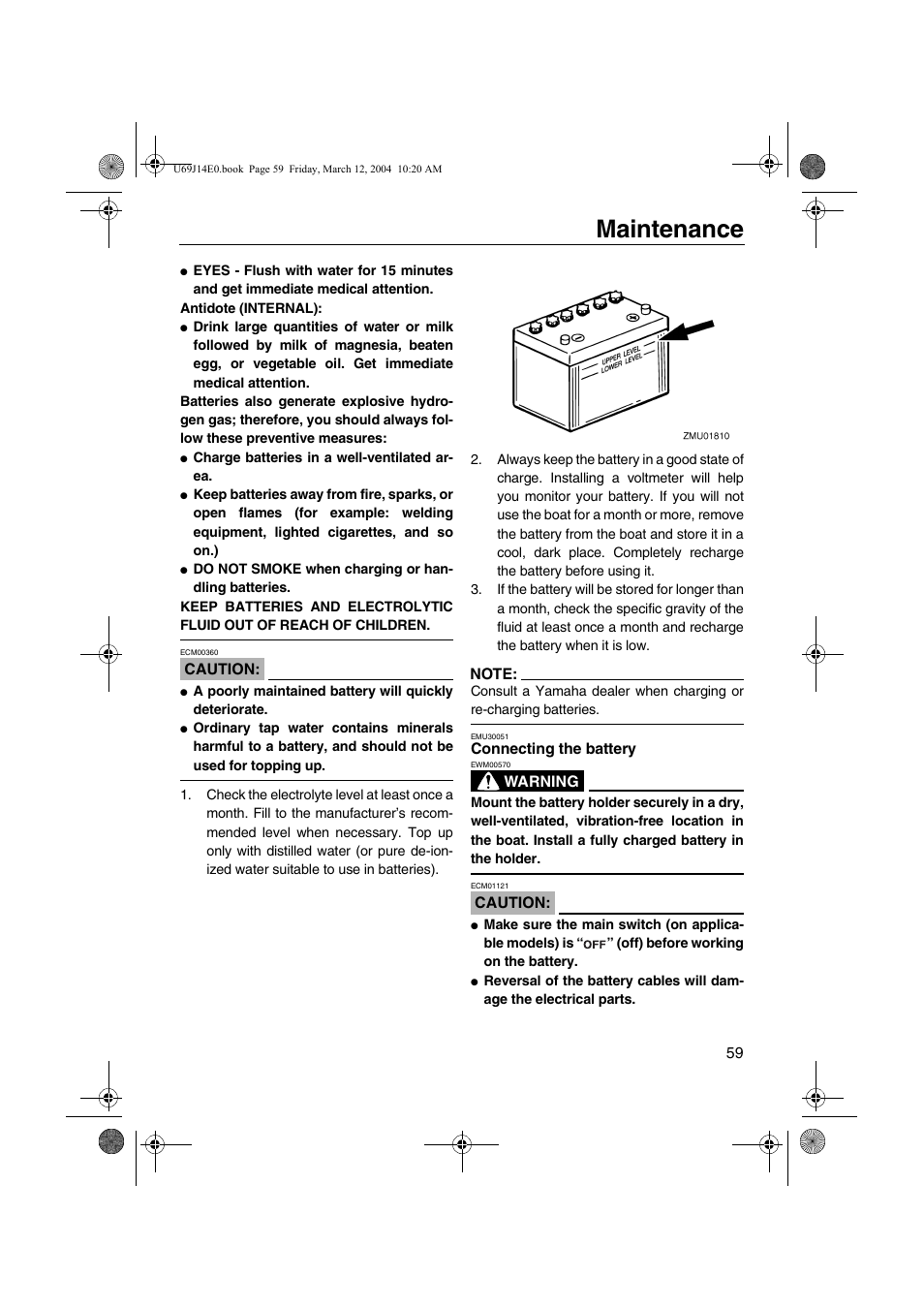 Connecting the battery, Maintenance | Yamaha F225D User Manual | Page 65 / 81