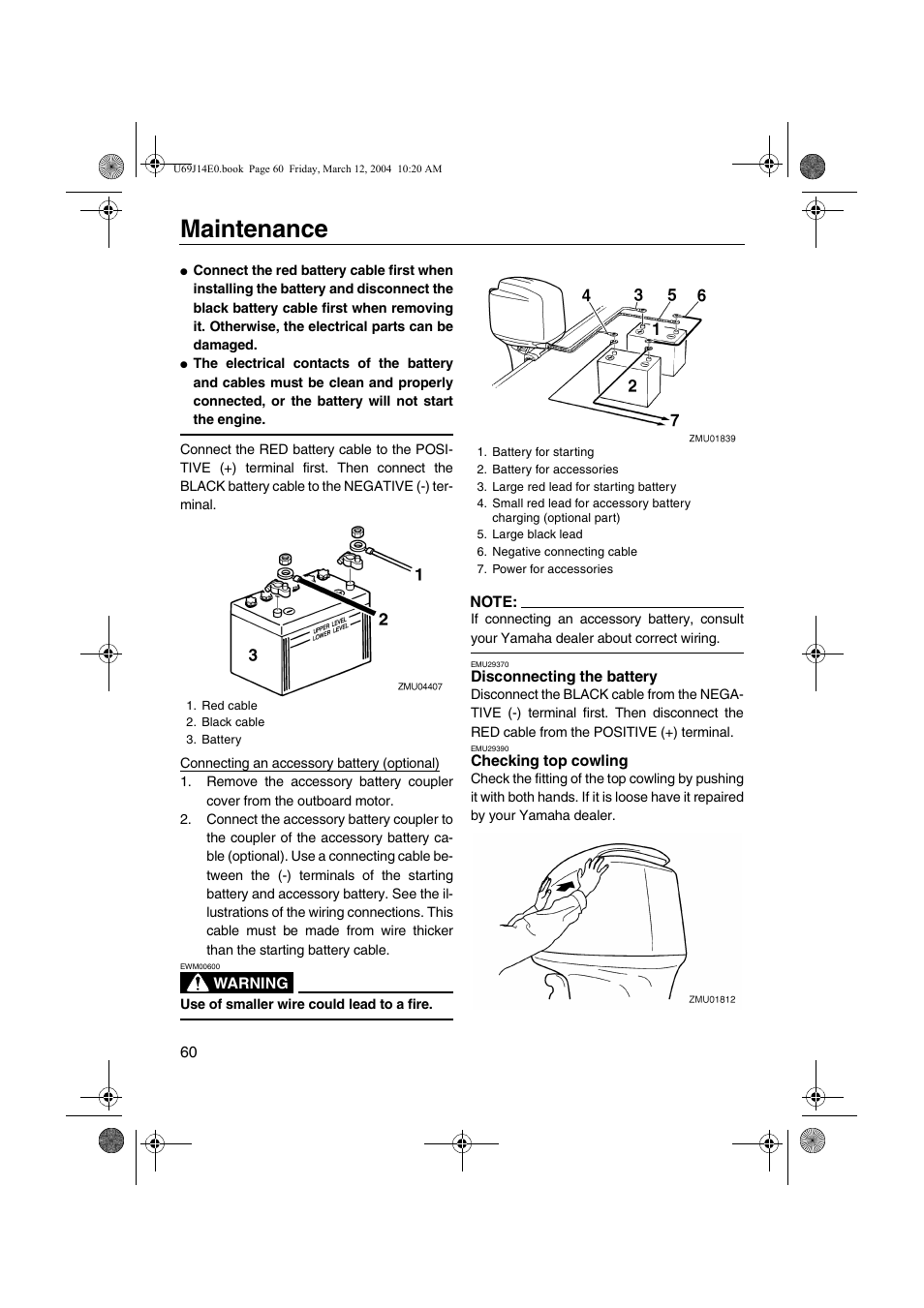 Disconnecting the battery checking top cowling, Maintenance | Yamaha F225D User Manual | Page 66 / 81