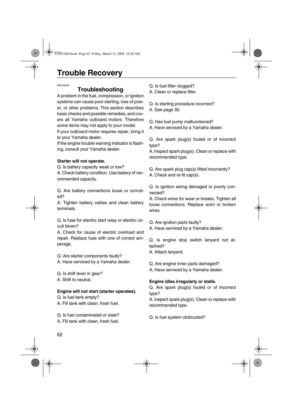 Trouble recovery, Troubleshooting | Yamaha F225D User Manual | Page 68 / 81