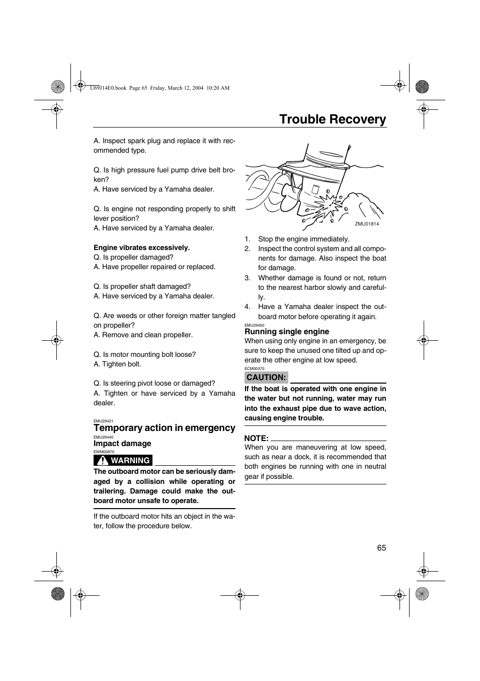 Temporary action in emergency, Temporary action in, Emergency | Impact damage running single engine, Trouble recovery | Yamaha F225D User Manual | Page 71 / 81