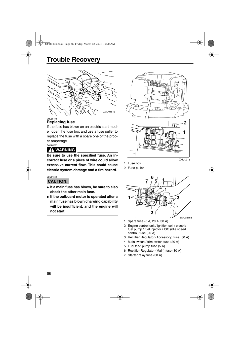 Replacing fuse, Trouble recovery | Yamaha F225D User Manual | Page 72 / 81