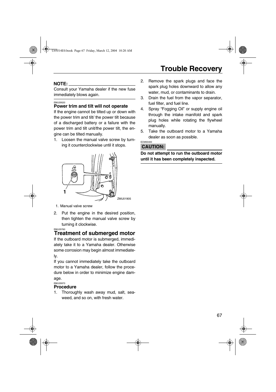 Treatment of submerged motor, Power trim and tilt will not, Operate | Treatment of submerged, Motor, Procedure, Trouble recovery | Yamaha F225D User Manual | Page 73 / 81