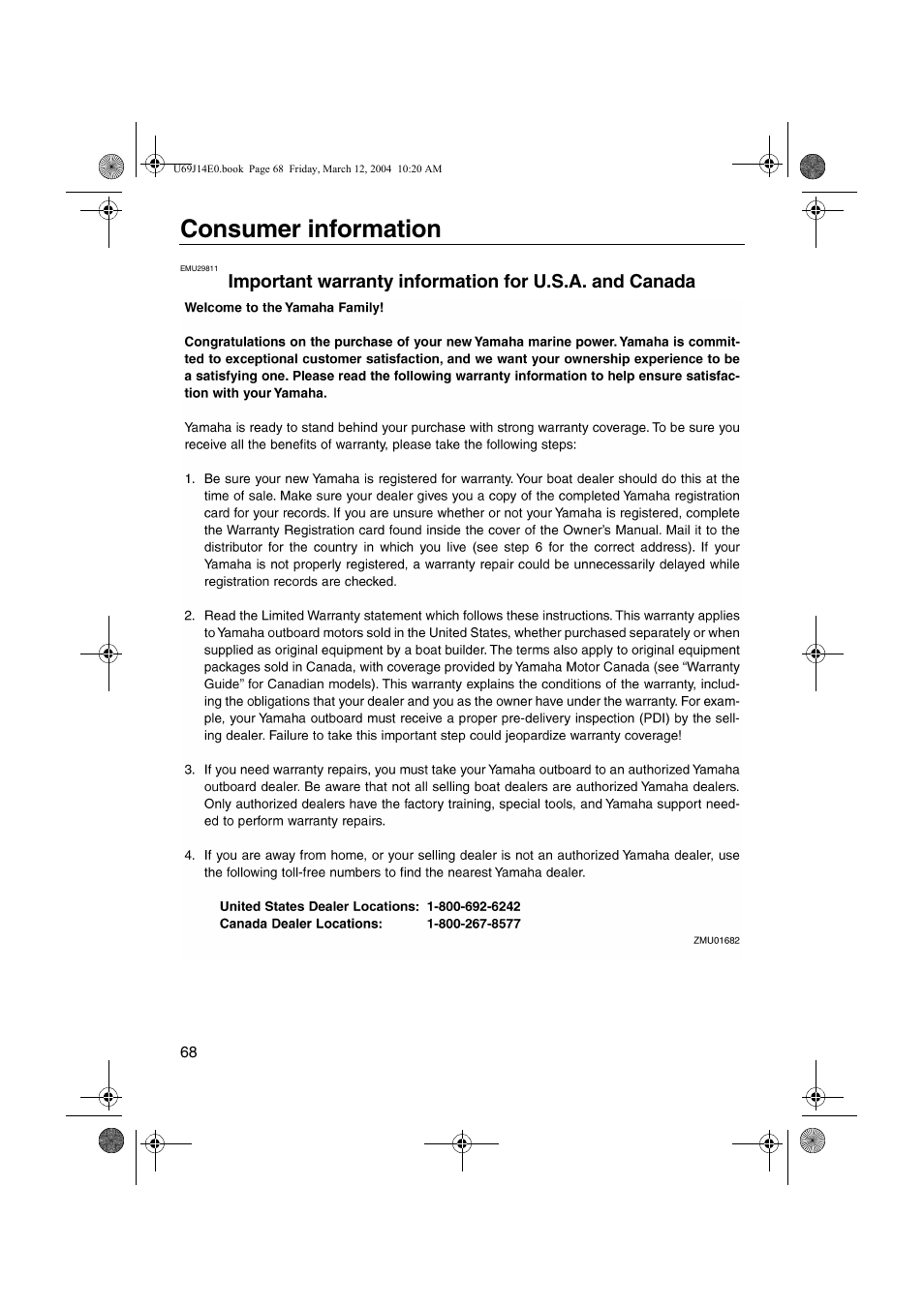 Consumer information, Important warranty information for usa and canada, Important warranty information | For u.s.a. and canada | Yamaha F225D User Manual | Page 74 / 81