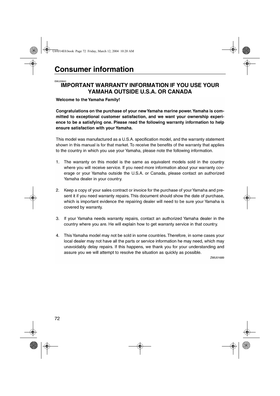 Important warranty, Consumer information | Yamaha F225D User Manual | Page 78 / 81