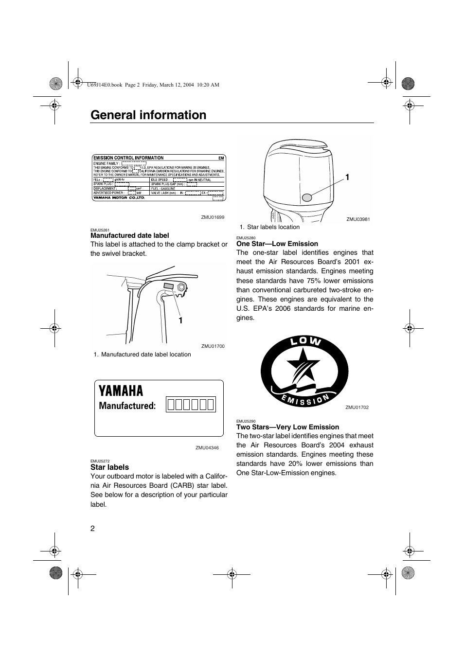 Star labels, General information, Manufactured | Yamaha F225D User Manual | Page 8 / 81