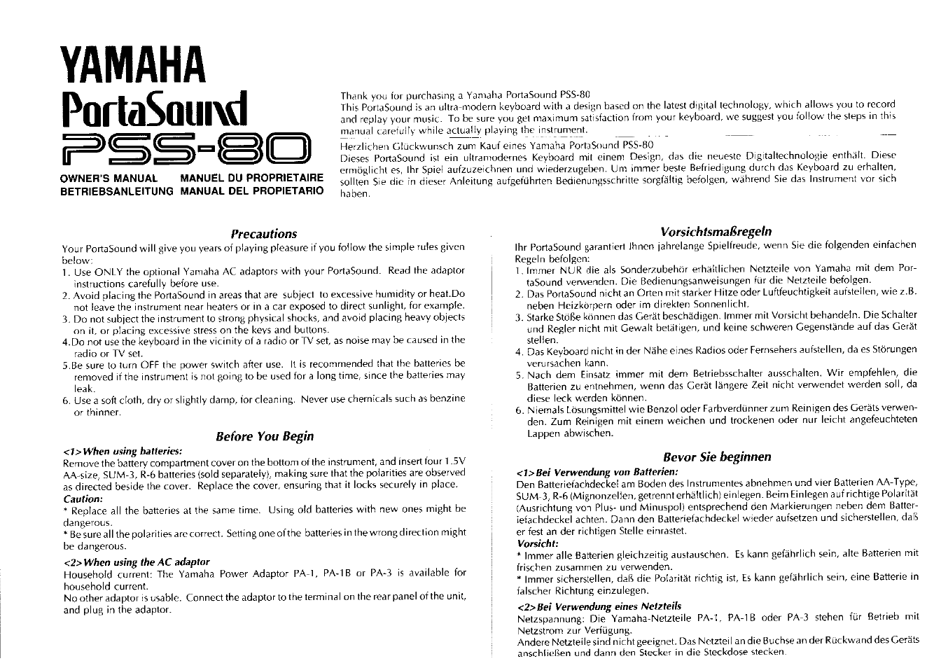 Yamaha PortaSound PSS-80 User Manual | 16 pages