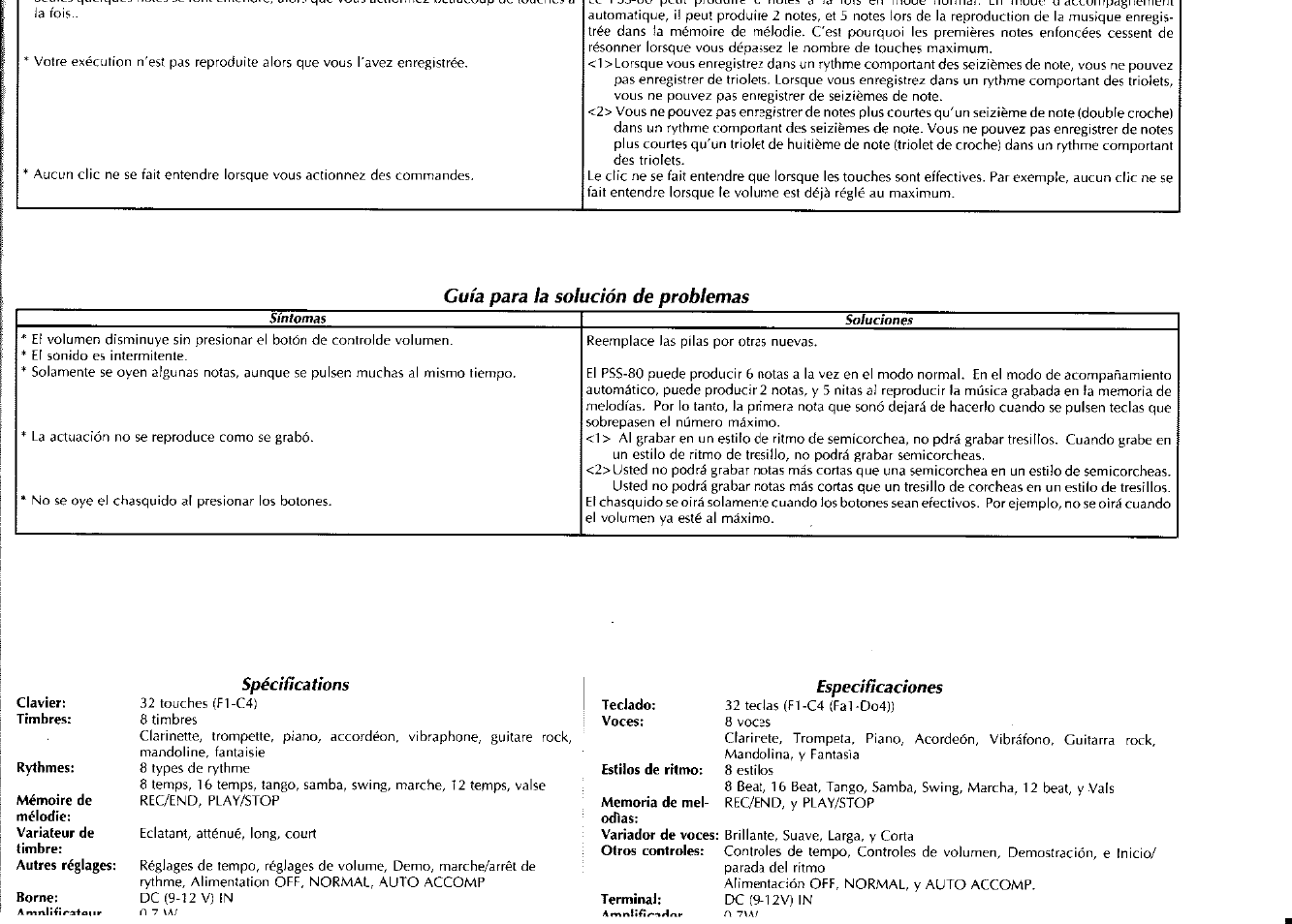 Guía para la solución de problemas, Spéciücations, Especificaciones | Yamaha PortaSound PSS-80 User Manual | Page 14 / 16