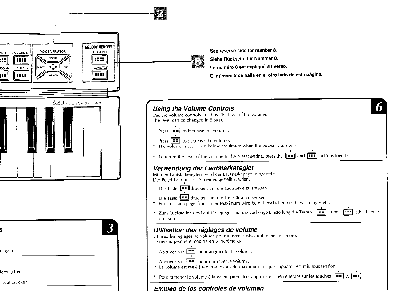 Using the volume controls, Verwendung der lautstärkeregler, Utilisation des réglages de volume | Emnleo de los controles de volumen | Yamaha PortaSound PSS-80 User Manual | Page 4 / 16