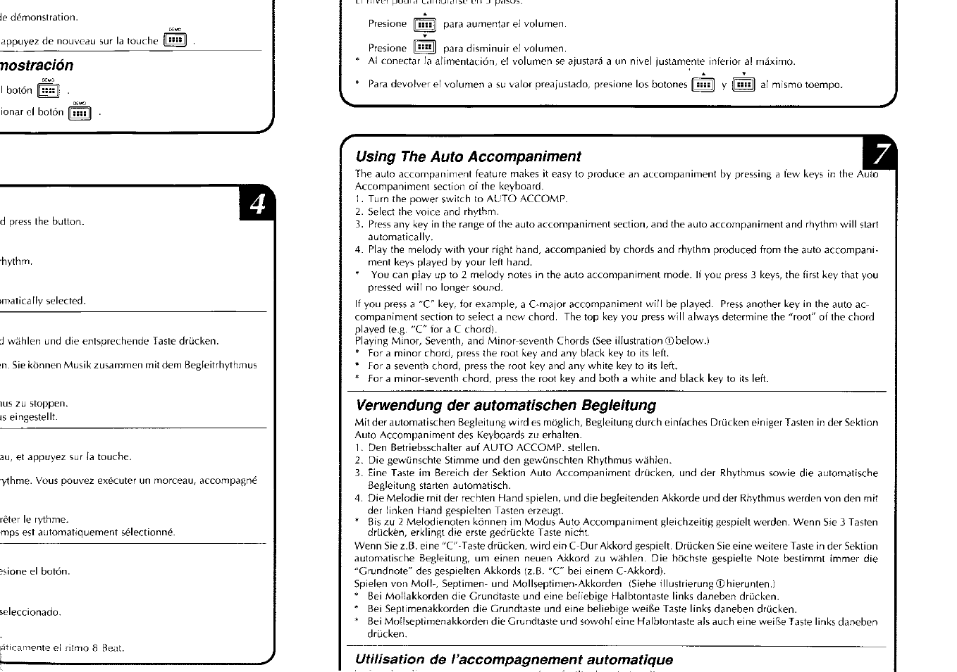 Nostración, Using the auto accompaniment, Verwendung der automatischen begieitung | Utilisation de l’accompagnement automatique | Yamaha PortaSound PSS-80 User Manual | Page 6 / 16