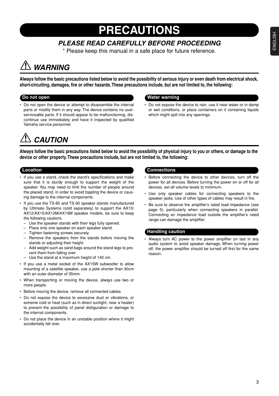 English, Precautions, Warning | Caution, Please read carefully before proceeding | Yamaha AX15W User Manual | Page 2 / 6