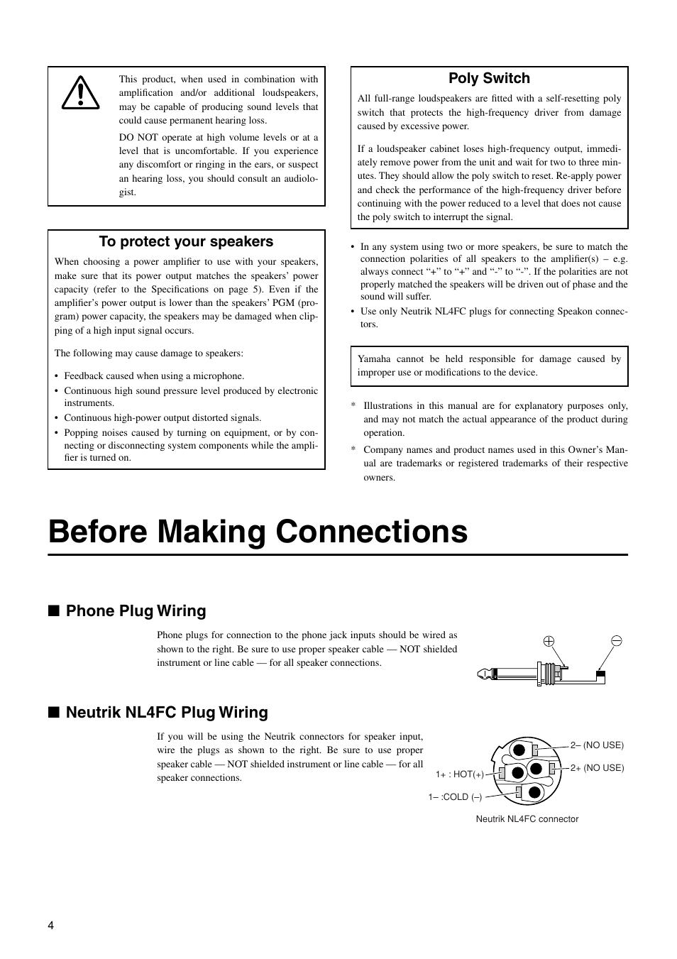 Before making connections, Phone plug wiring, Neutrik nl4fc plug wiring | Poly switch | Yamaha AX15W User Manual | Page 3 / 6
