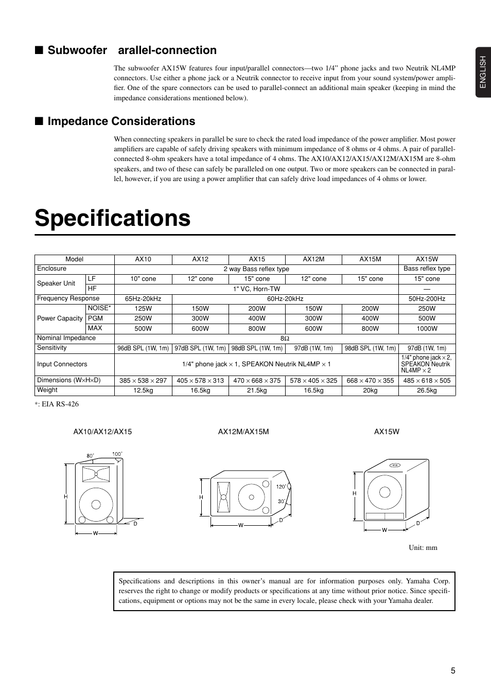 Specifications, Subwoofer parallel-connection, Impedance considerations | Yamaha AX15W User Manual | Page 4 / 6