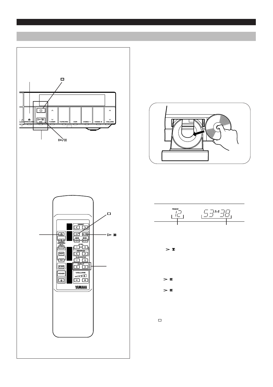 Listening to a compact disc, Compact disc player operation, Cd playback 1 | E-30, Press the cd input selector button, Press the open/close button to open the disc tray, Press “ / ” to start playback from track 1, Press, Total number of tracks total playing time | Yamaha AV1 User Manual | Page 32 / 57