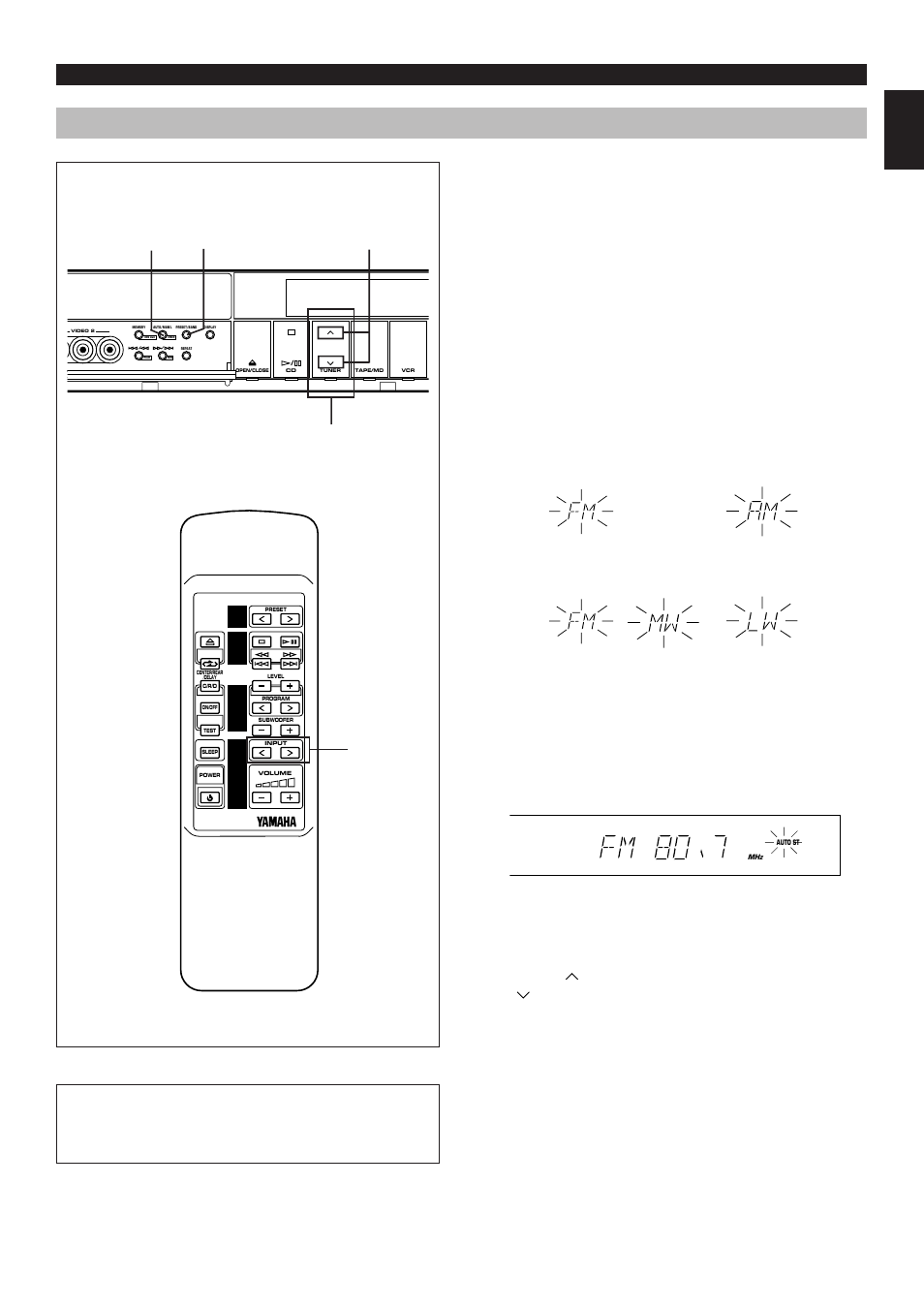 Listening to a radio program, Tuning operation, Automatic tuning 1 | E-33 english, Except u.k. and europe models, U.k. and europe models | Yamaha AV1 User Manual | Page 35 / 57