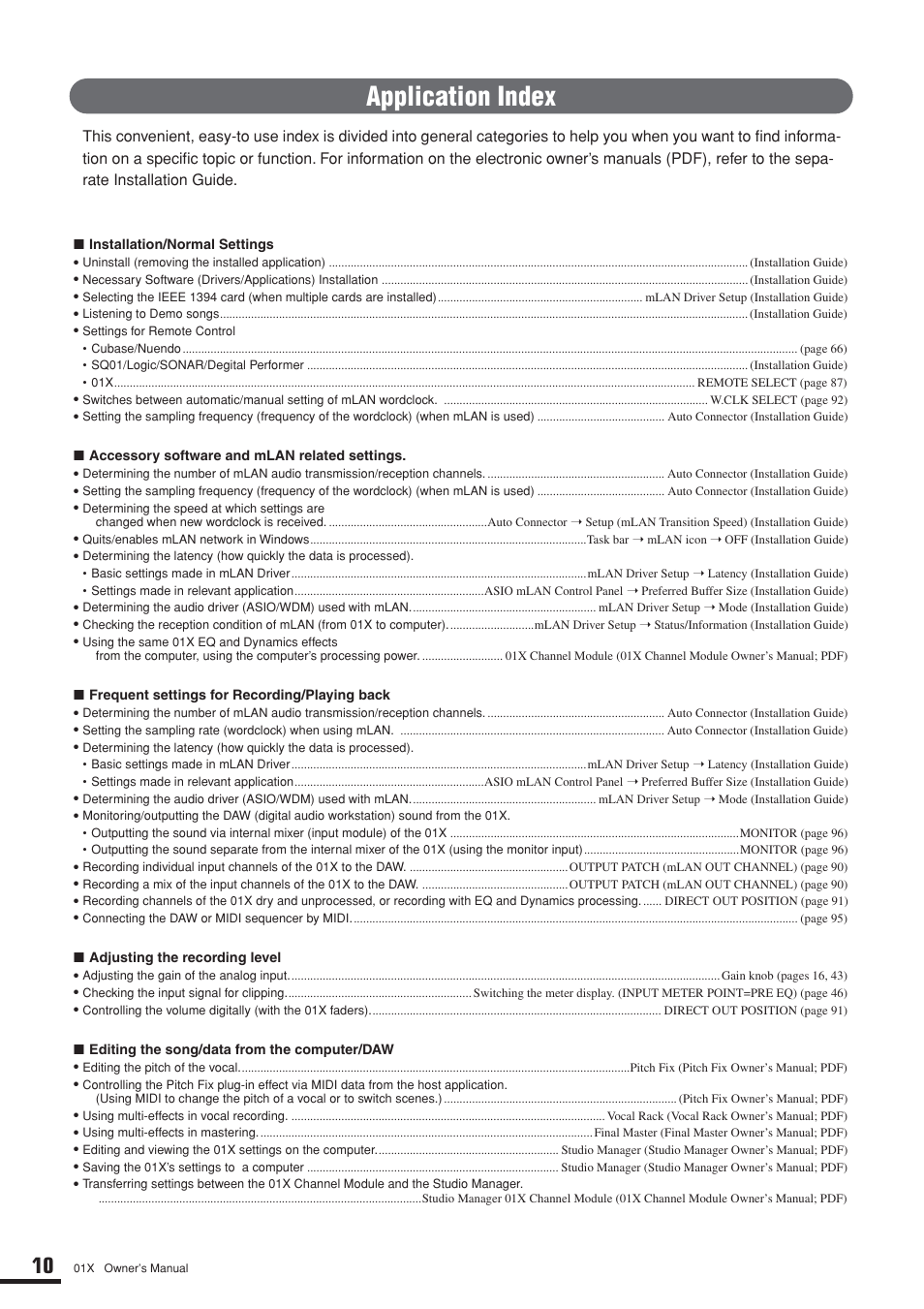 Application index, Installation/normal settings, Accessory software and mlan related settings | Frequent settings for recording/playing back, Adjusting the recording level, Editing the song/data from the computer/daw | Yamaha DIGITAL MIXING STUDIO 01X User Manual | Page 10 / 156