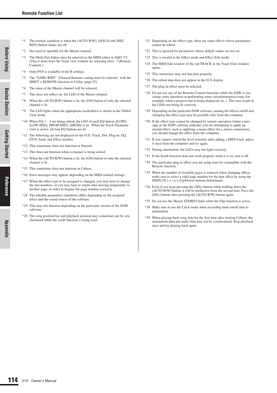 Remote function list | Yamaha DIGITAL MIXING STUDIO 01X User Manual | Page 114 / 156