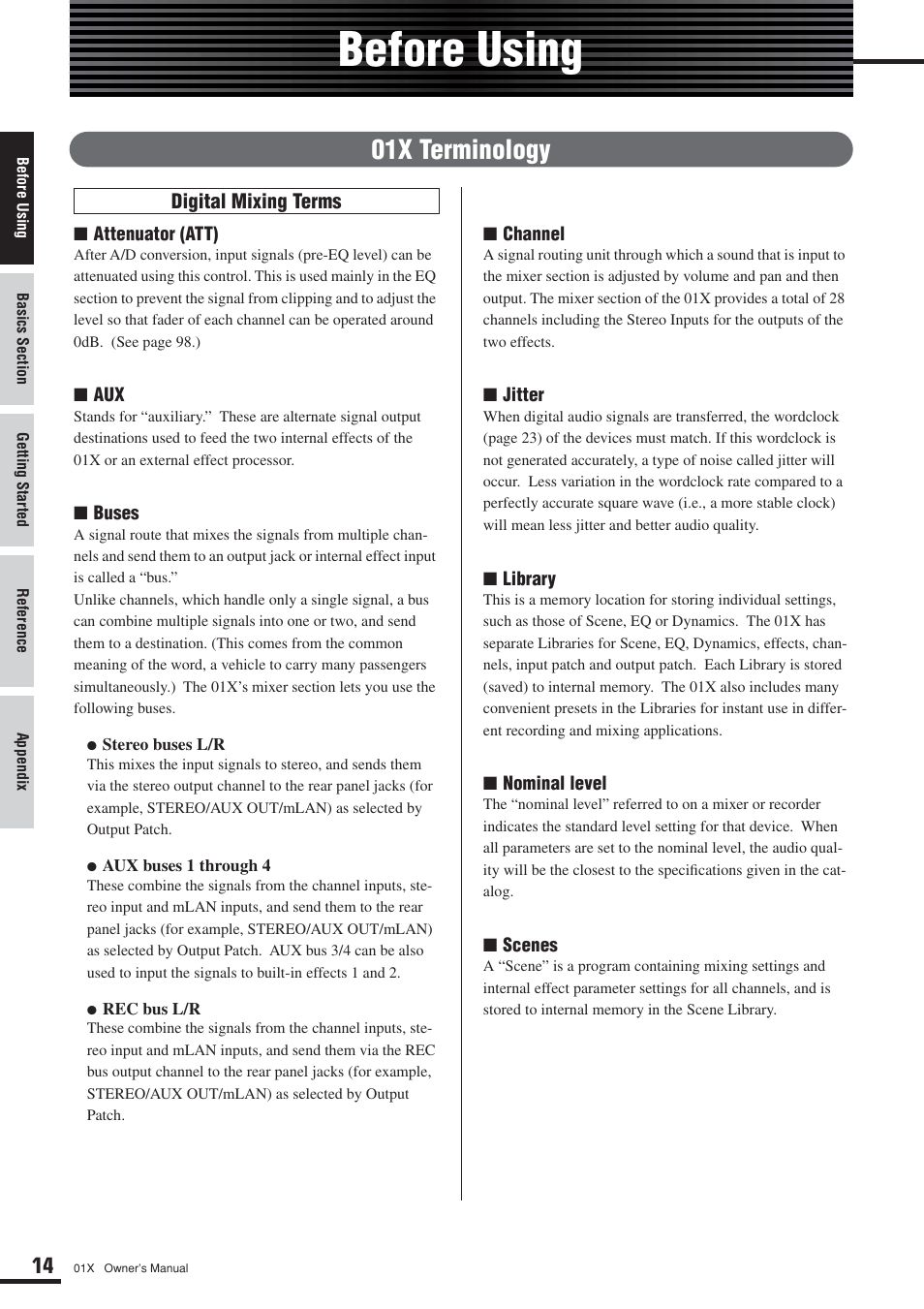 Before using, 01x terminology | Yamaha DIGITAL MIXING STUDIO 01X User Manual | Page 14 / 156