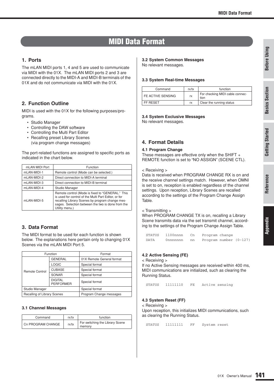 Midi data format, Ports, Function outline | Data format, Format details | Yamaha DIGITAL MIXING STUDIO 01X User Manual | Page 141 / 156