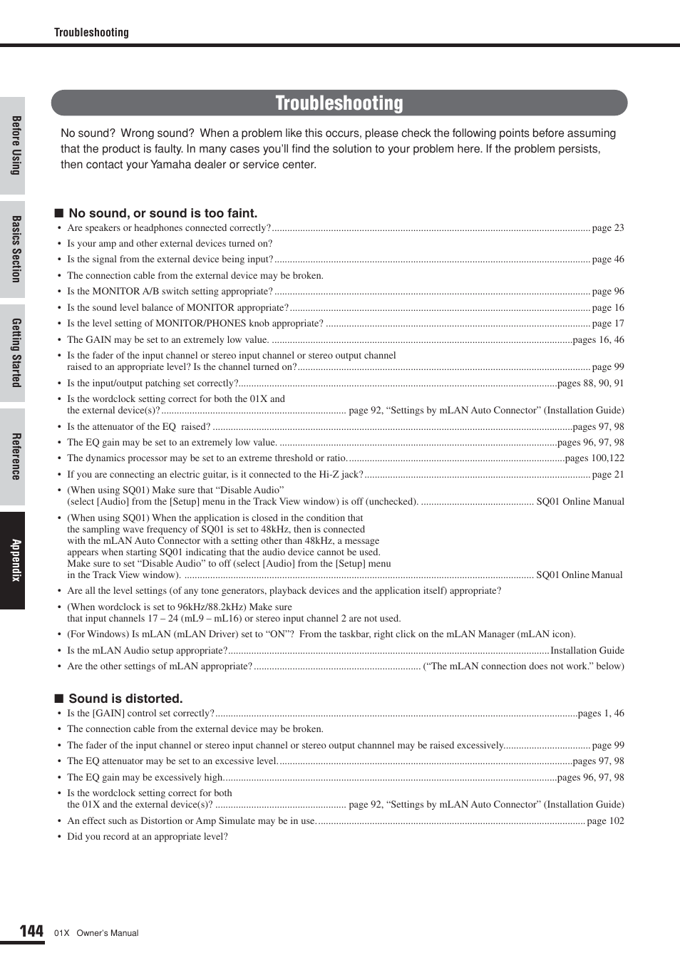 Troubleshooting | Yamaha DIGITAL MIXING STUDIO 01X User Manual | Page 144 / 156