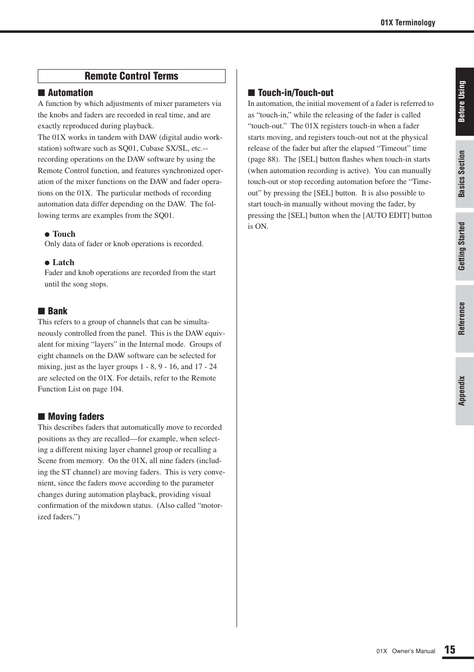 Remote control terms | Yamaha DIGITAL MIXING STUDIO 01X User Manual | Page 15 / 156