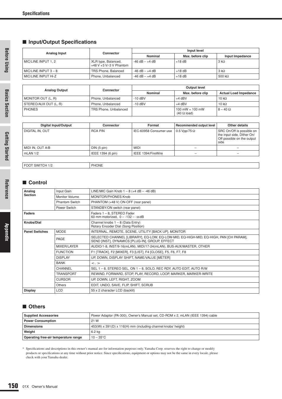 Input/output specifications ■ control ■ others, Specifications | Yamaha DIGITAL MIXING STUDIO 01X User Manual | Page 150 / 156
