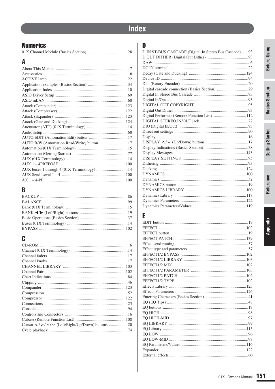 Index, Numerics | Yamaha DIGITAL MIXING STUDIO 01X User Manual | Page 151 / 156