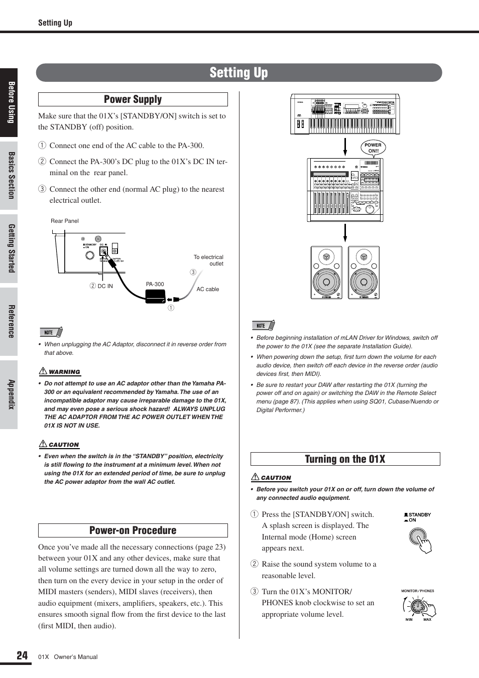 Setting up, Power supply power-on procedure, Turning on the 01x | Yamaha DIGITAL MIXING STUDIO 01X User Manual | Page 24 / 156