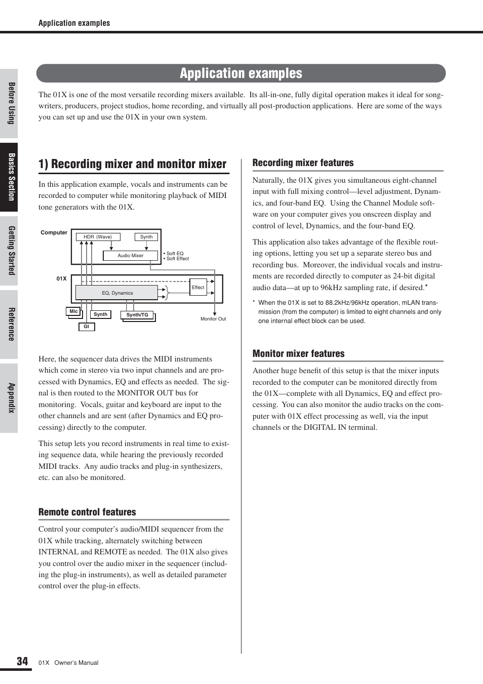 Application examples, 1) recording mixer and monitor mixer, Remote control features | Recording mixer features, Monitor mixer features | Yamaha DIGITAL MIXING STUDIO 01X User Manual | Page 34 / 156