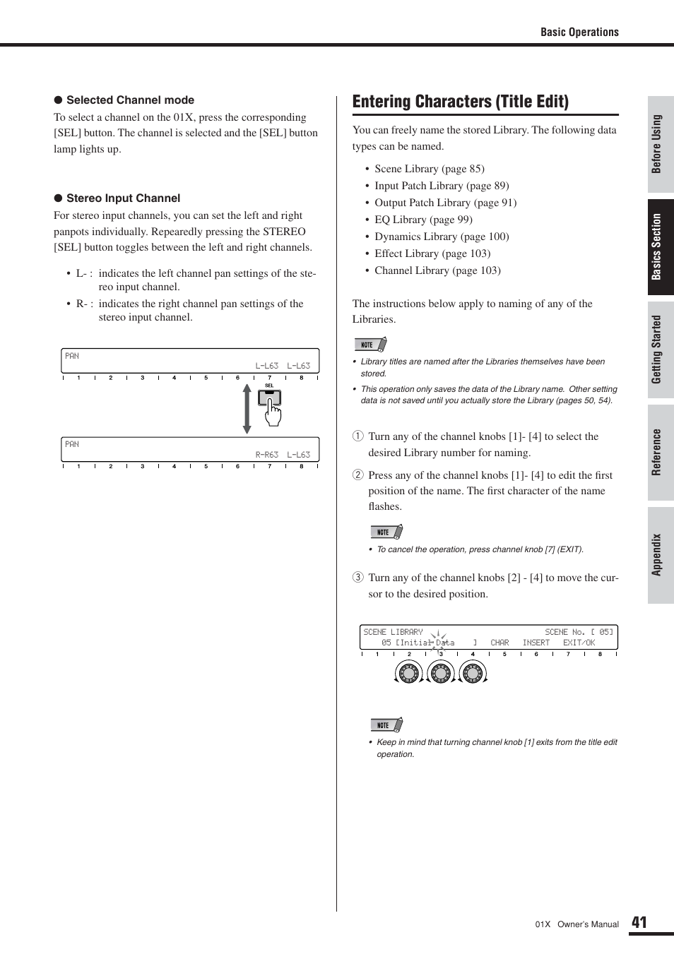 Entering characters (title edit) | Yamaha DIGITAL MIXING STUDIO 01X User Manual | Page 41 / 156