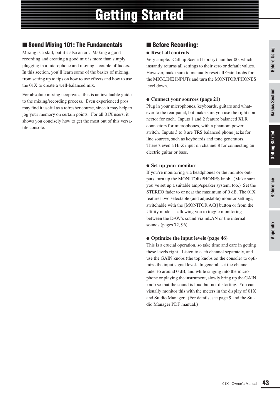 Getting started, Sound mixing 101: the fundamentals, Before recording | Yamaha DIGITAL MIXING STUDIO 01X User Manual | Page 43 / 156