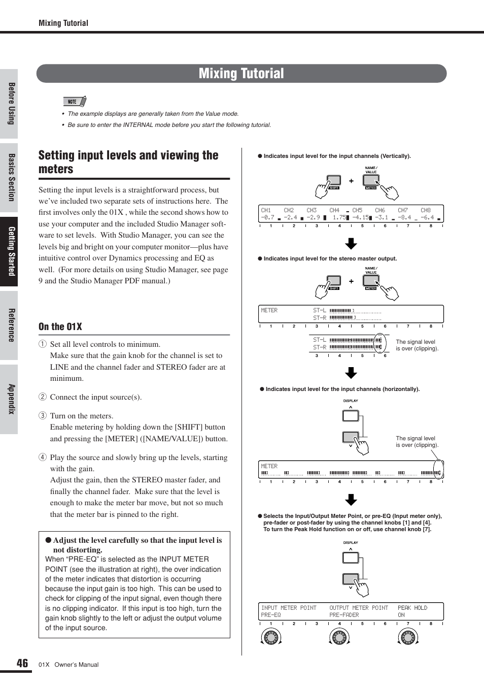 Mixing tutorial, Setting input levels and viewing the meters, On the 01x | Yamaha DIGITAL MIXING STUDIO 01X User Manual | Page 46 / 156