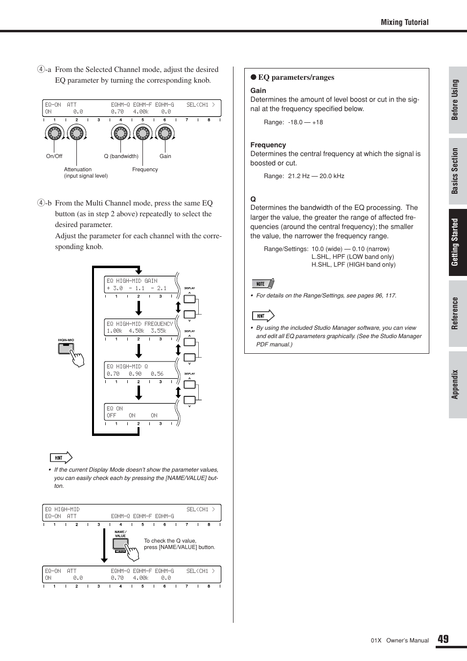 Mixing tutorial, Eq parameters/ranges | Yamaha DIGITAL MIXING STUDIO 01X User Manual | Page 49 / 156