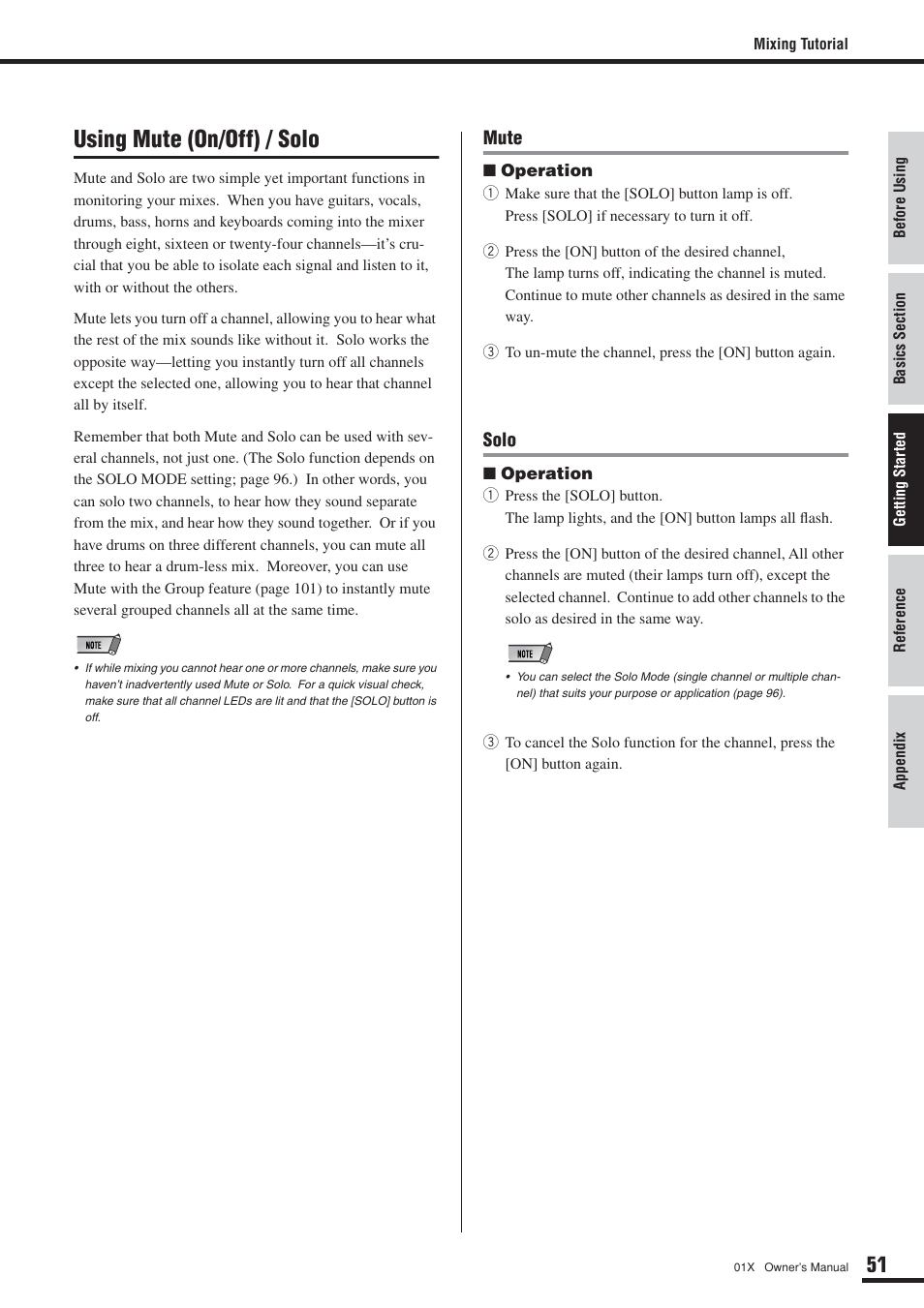 Using mute (on/off) / solo | Yamaha DIGITAL MIXING STUDIO 01X User Manual | Page 51 / 156