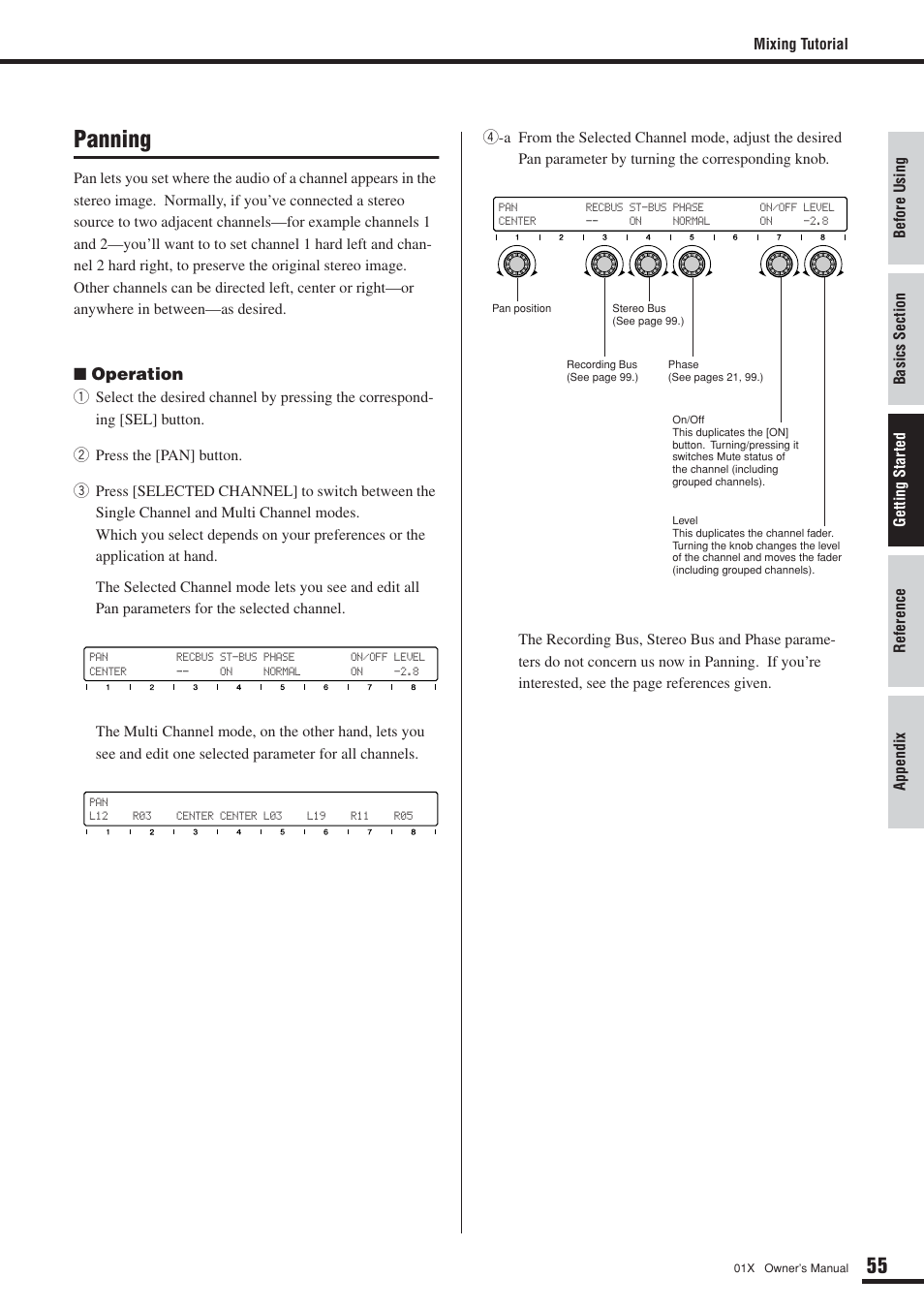 Panning | Yamaha DIGITAL MIXING STUDIO 01X User Manual | Page 55 / 156