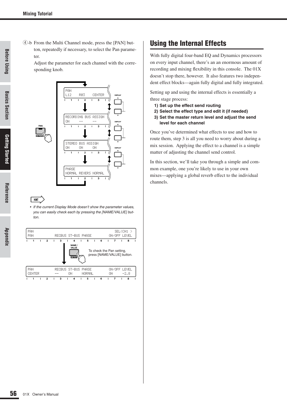 Using the internal effects | Yamaha DIGITAL MIXING STUDIO 01X User Manual | Page 56 / 156