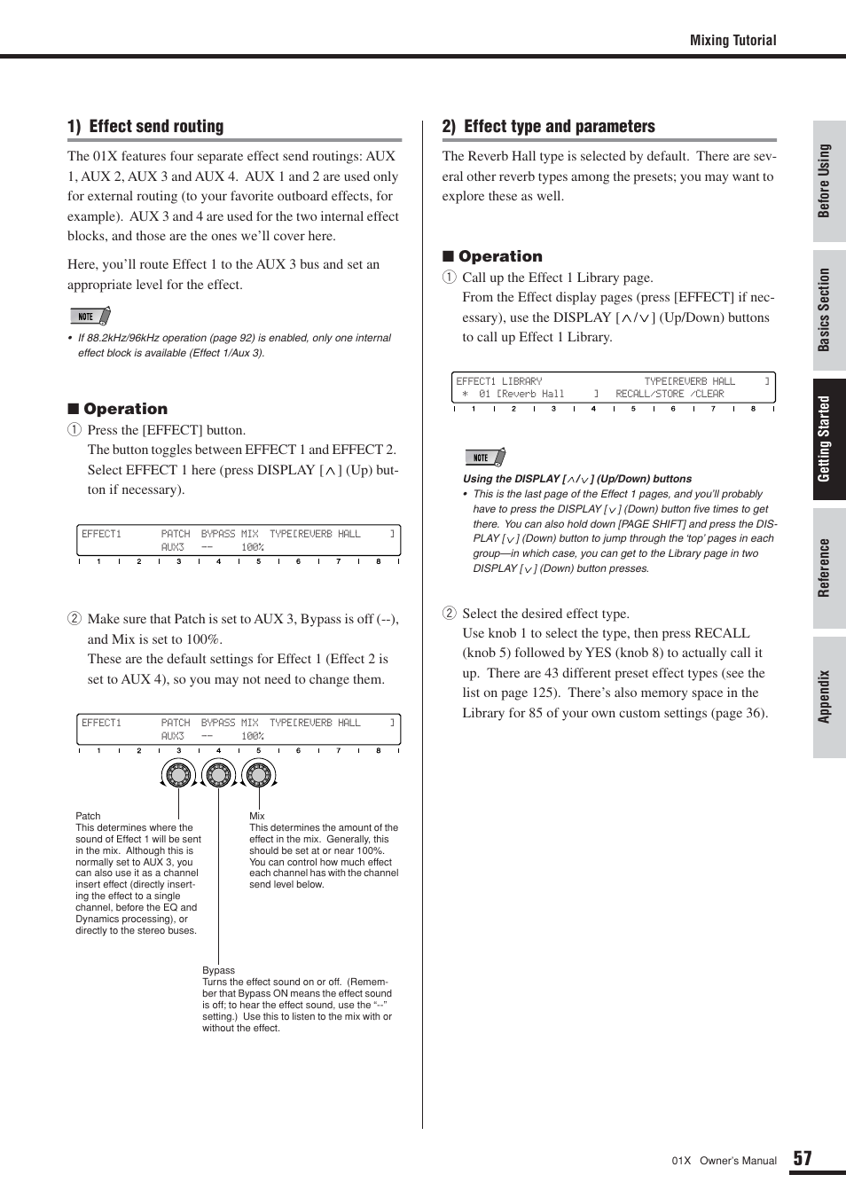 1) effect send routing, 2) effect type and parameters | Yamaha DIGITAL MIXING STUDIO 01X User Manual | Page 57 / 156