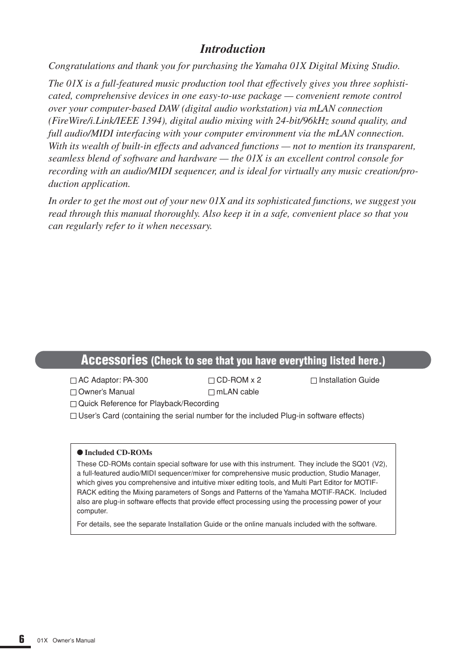 Accessories, Introduction | Yamaha DIGITAL MIXING STUDIO 01X User Manual | Page 6 / 156