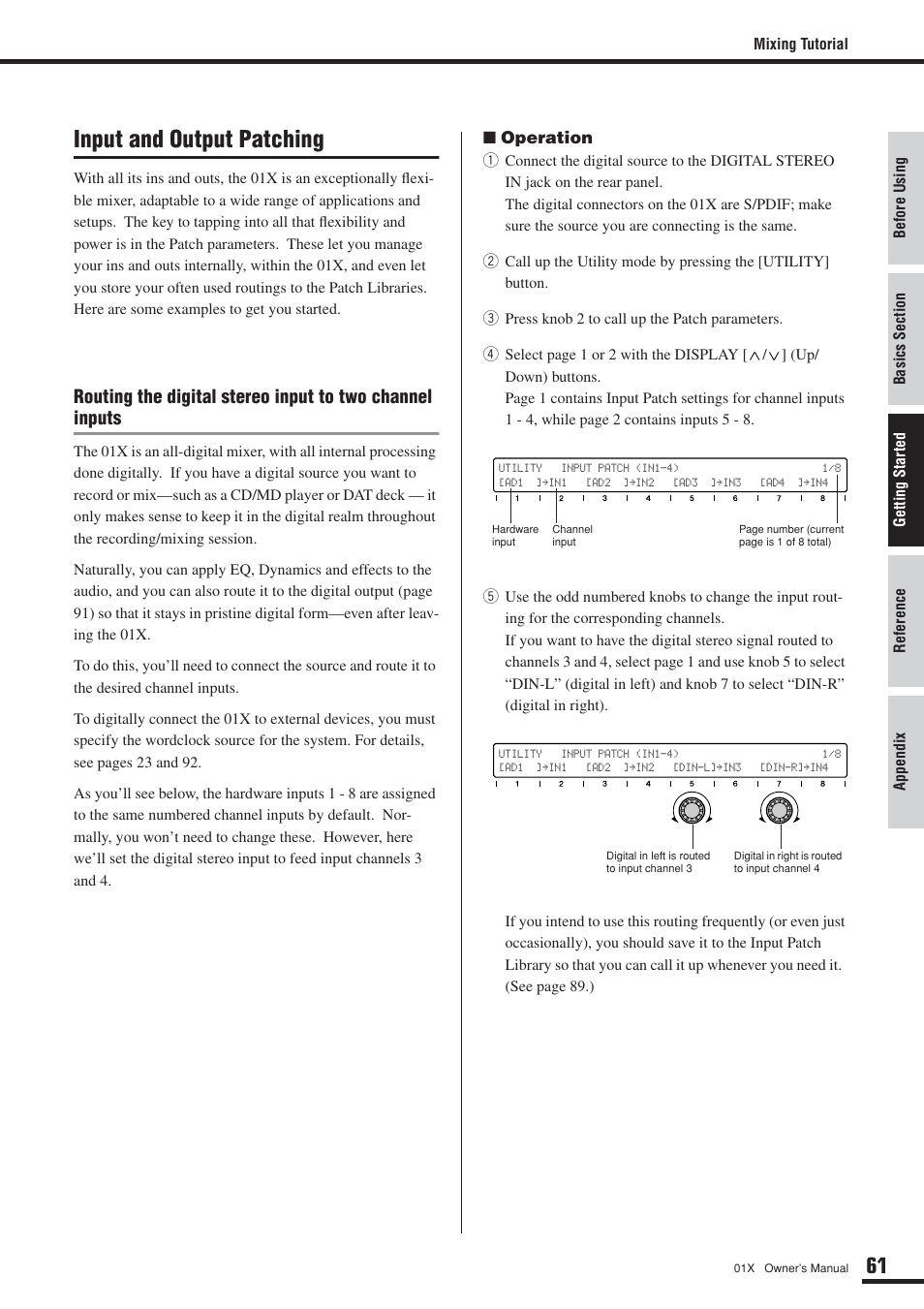 Input and output patching | Yamaha DIGITAL MIXING STUDIO 01X User Manual | Page 61 / 156