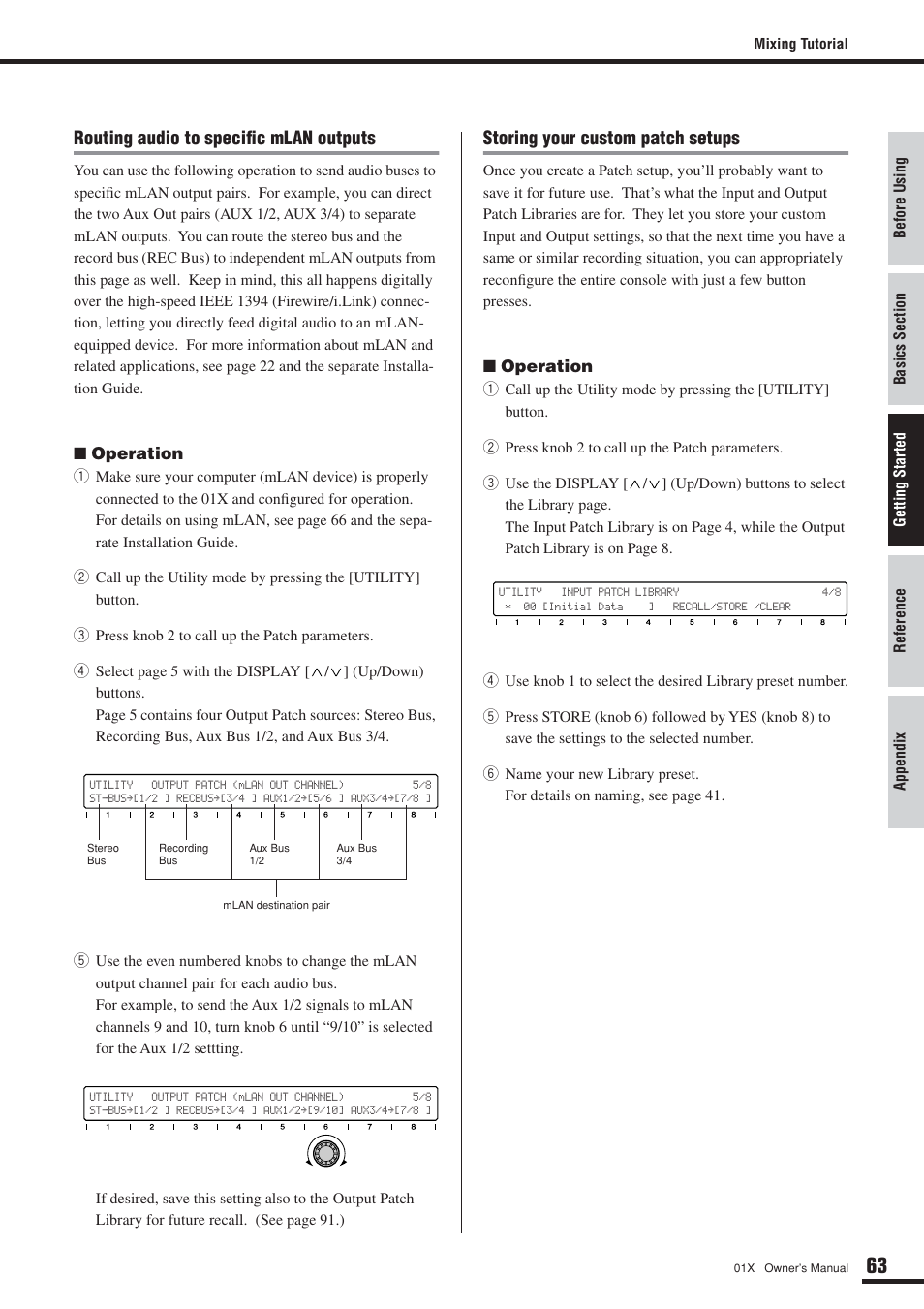 Routing audio to specific mlan outputs, Storing your custom patch setups | Yamaha DIGITAL MIXING STUDIO 01X User Manual | Page 63 / 156