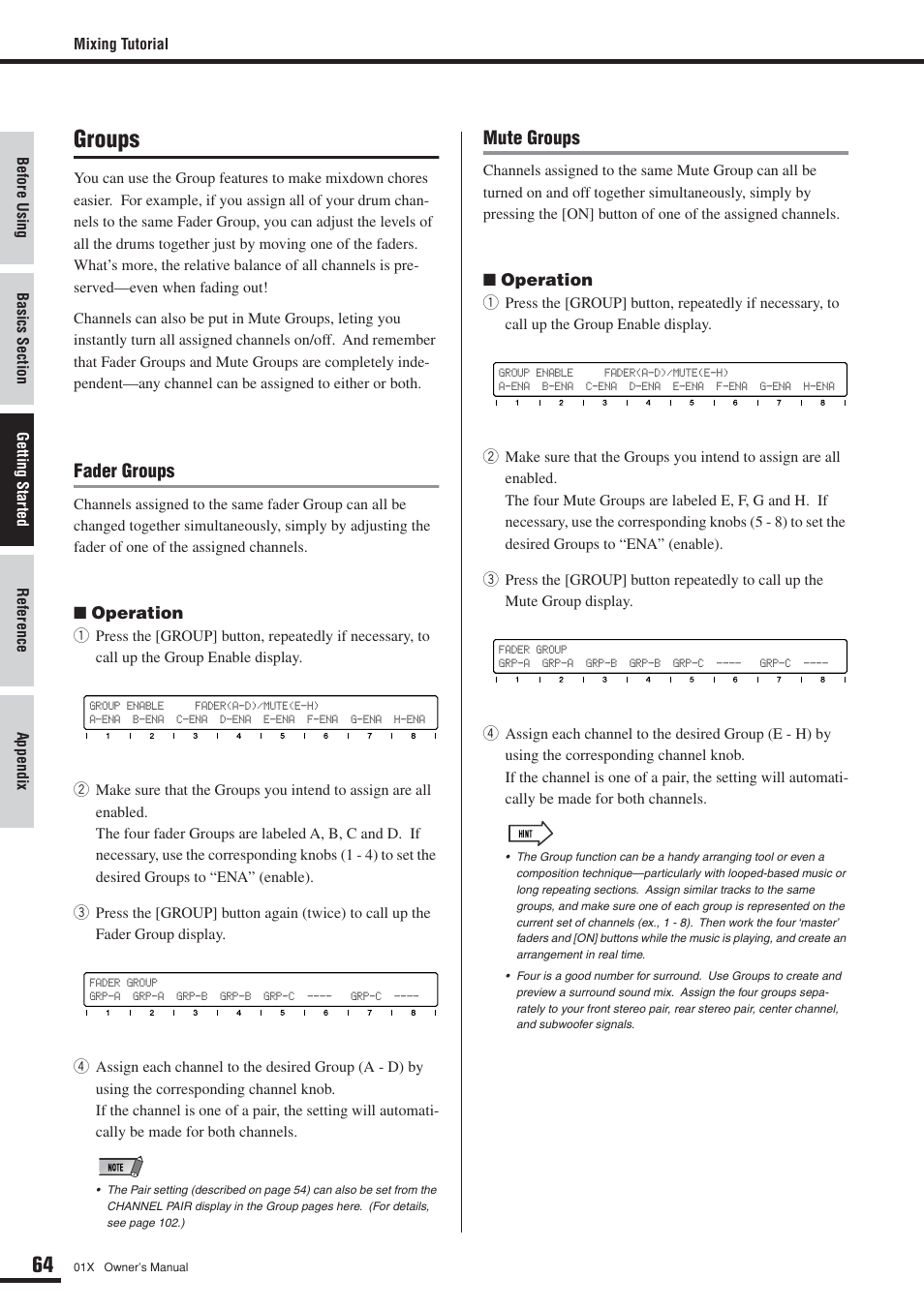 Groups, Fader groups, Mute groups | Yamaha DIGITAL MIXING STUDIO 01X User Manual | Page 64 / 156