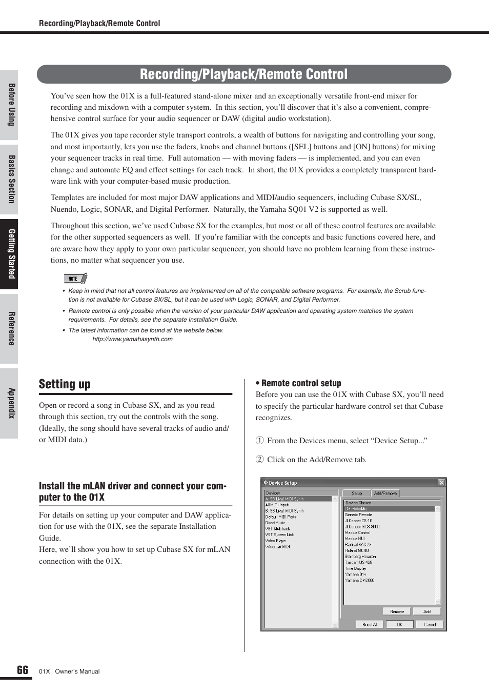 Recording/playback/remote control, Setting up | Yamaha DIGITAL MIXING STUDIO 01X User Manual | Page 66 / 156