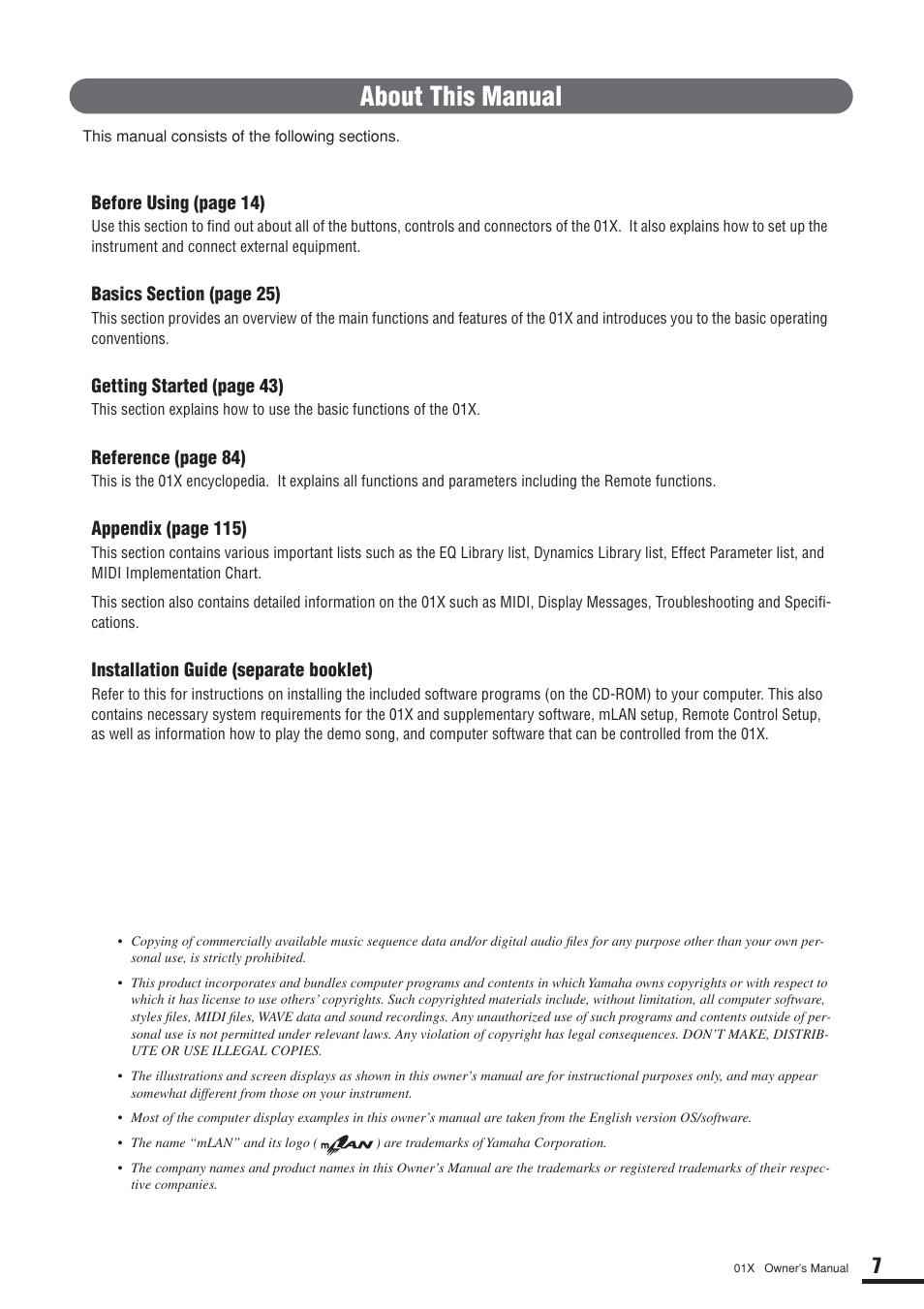 About this manual | Yamaha DIGITAL MIXING STUDIO 01X User Manual | Page 7 / 156