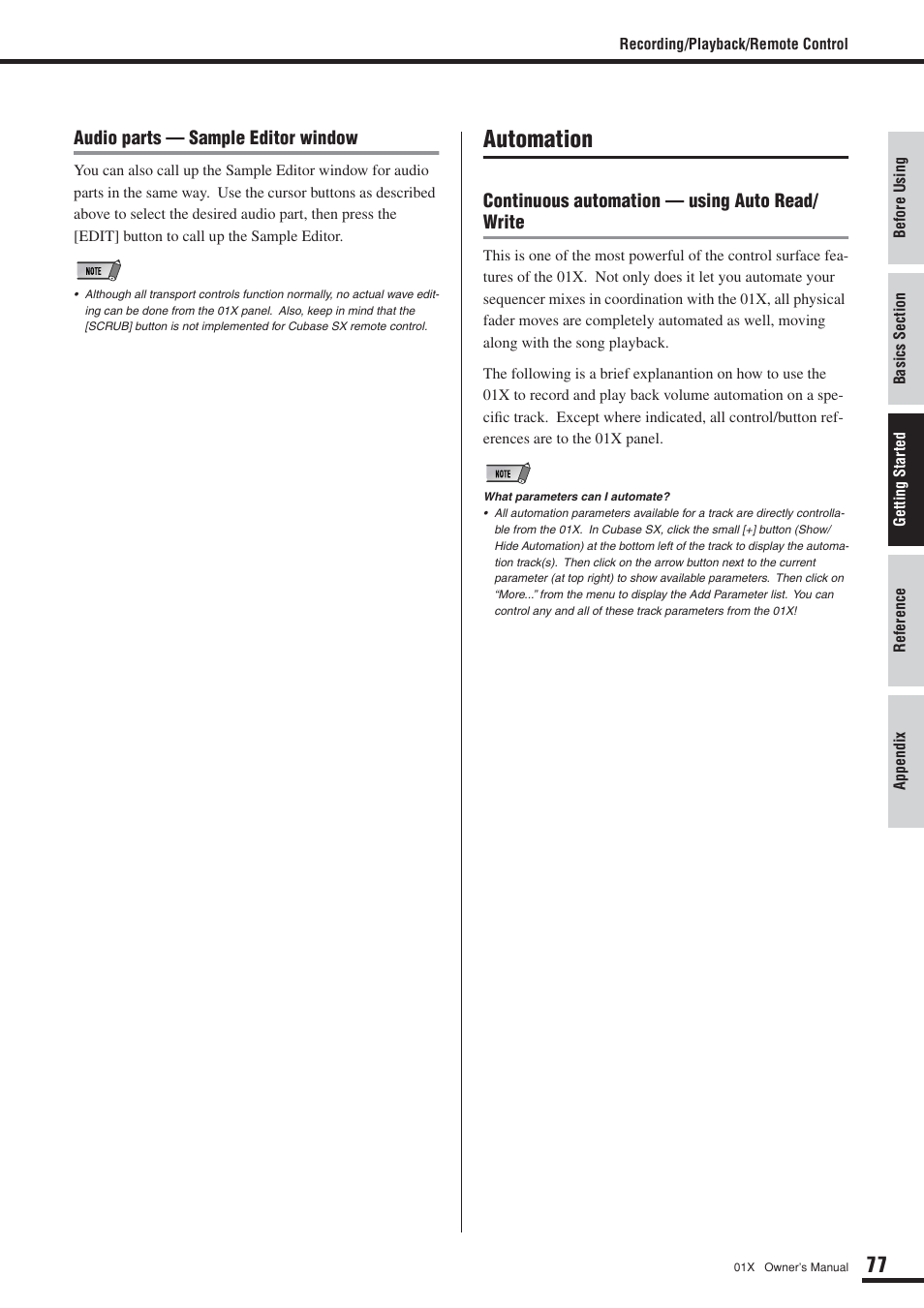 Automation, Audio parts — sample editor window, Continuous automation — using auto read/ write | Yamaha DIGITAL MIXING STUDIO 01X User Manual | Page 77 / 156