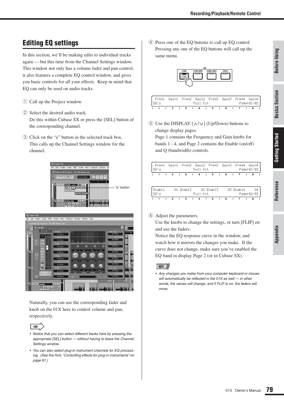 Editing eq settings | Yamaha DIGITAL MIXING STUDIO 01X User Manual | Page 79 / 156