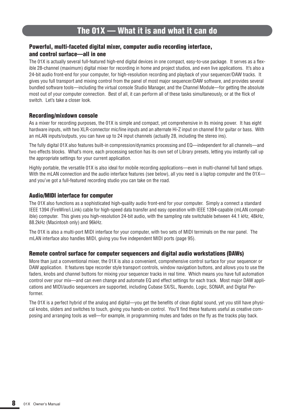 The 01x — what it is and what it can do | Yamaha DIGITAL MIXING STUDIO 01X User Manual | Page 8 / 156