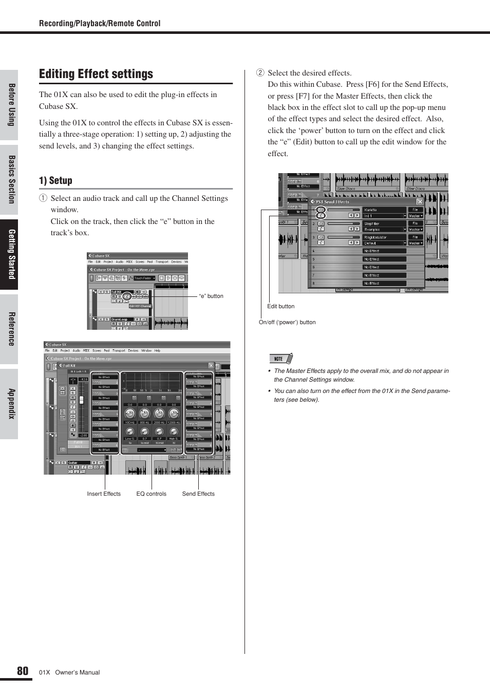 Editing effect settings, 1) setup | Yamaha DIGITAL MIXING STUDIO 01X User Manual | Page 80 / 156