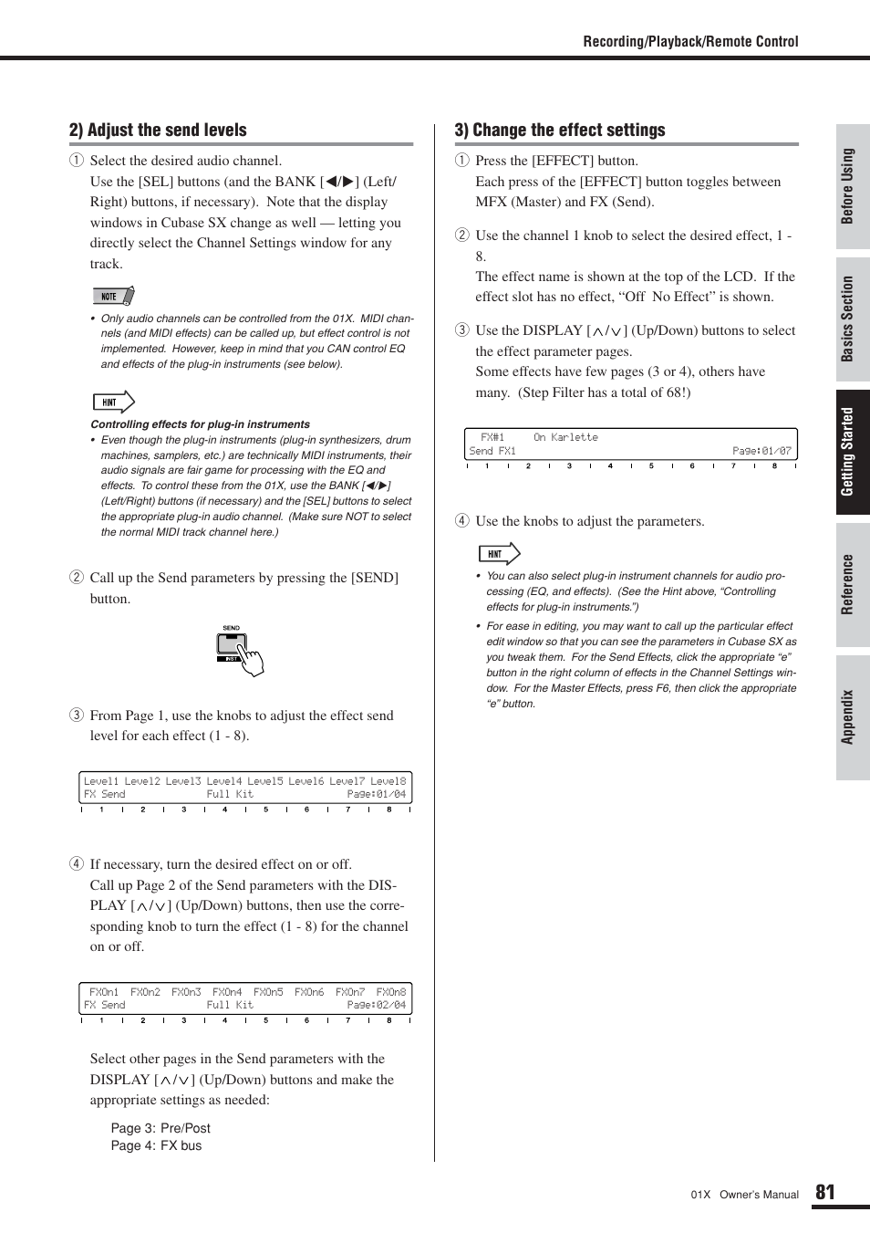 2) adjust the send levels, 3) change the effect settings | Yamaha DIGITAL MIXING STUDIO 01X User Manual | Page 81 / 156