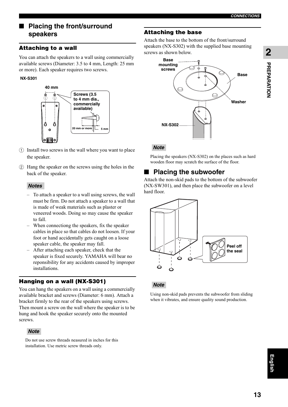 Placing the front/surround speakers, Placing the subwoofer | Yamaha DVX-S301 User Manual | Page 18 / 65