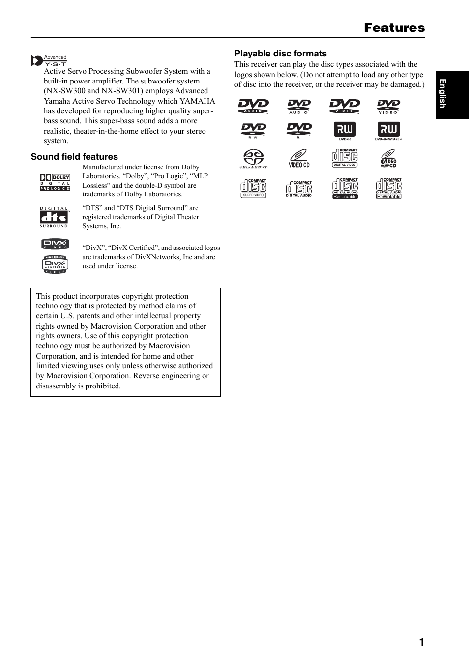 Features | Yamaha DVX-S301 User Manual | Page 2 / 65